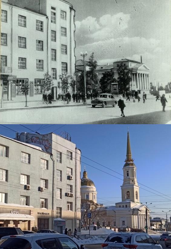 Было-стало Улица Горького Вид на здание гостиницы Центральной ресторан Кама кинотеатр Колосс собор Александра Невского 1950-е-2024
